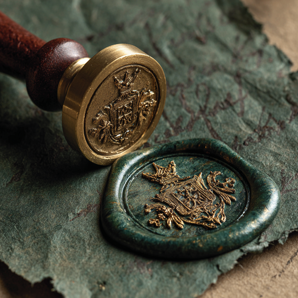Dark green wax seal with an ornate heraldic crest pressed beside a brass seal stamp on aged parchment